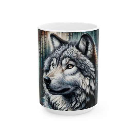 Majestic Wolf Ceramic Mug featuring a vibrant wolf design, perfect for nature and coffee lovers.