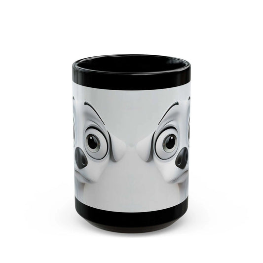 Ceramic mug featuring a 3D sarcastic dog face design on a sleek black background.
