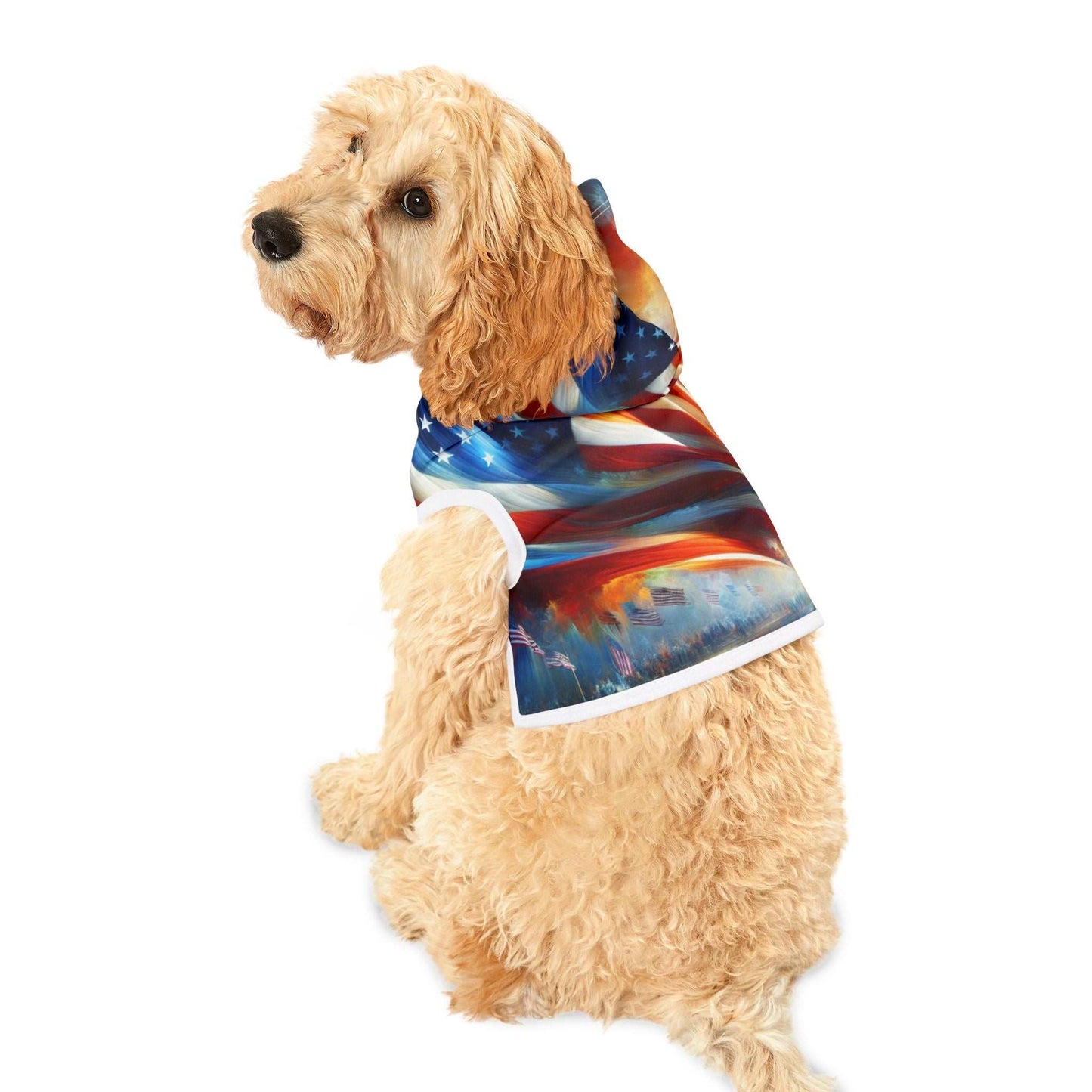 Custom pet hoodie on a fluffy dog showing full printed design and white rib edge.