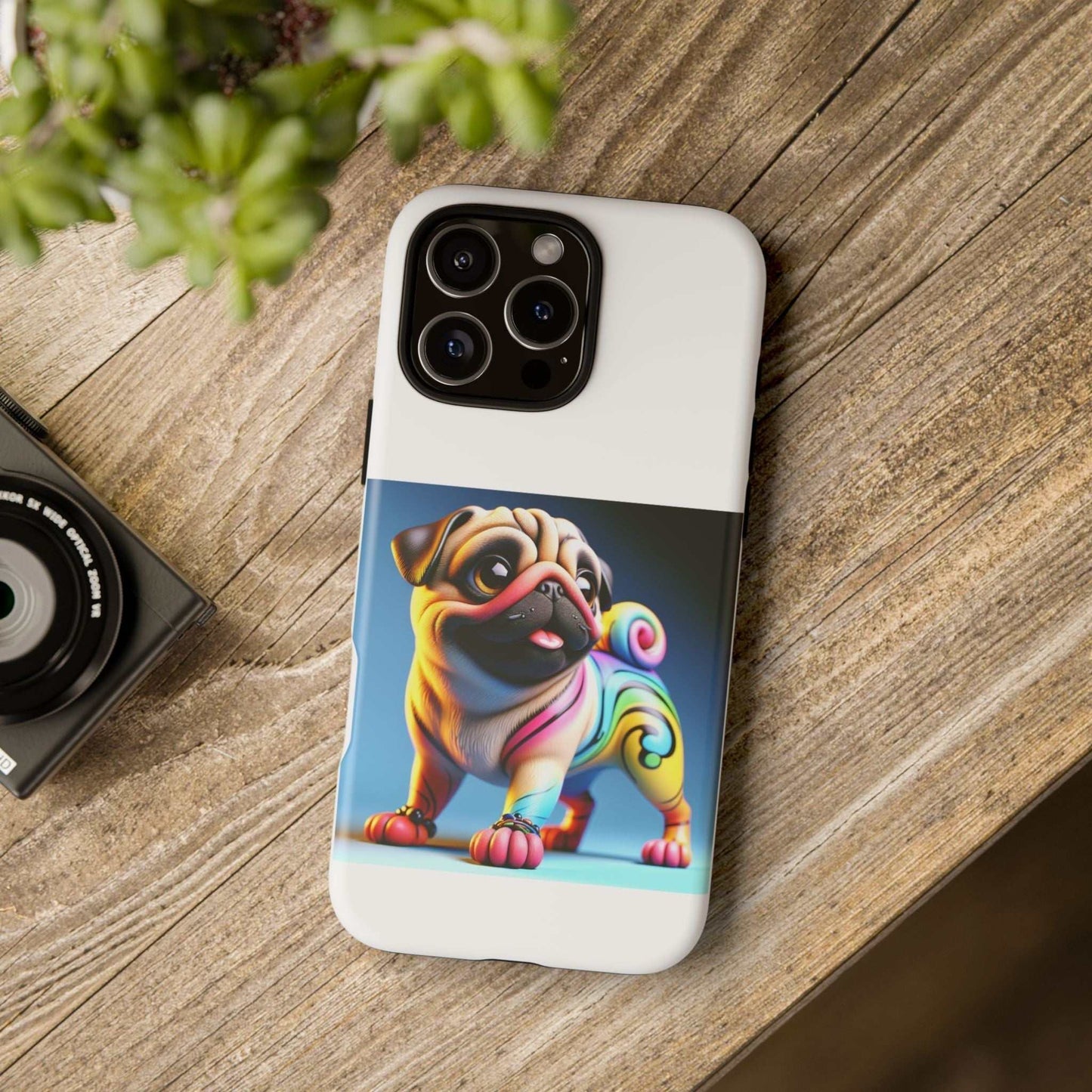 Pug dog phone case with 3D wrap design on a wooden surface.