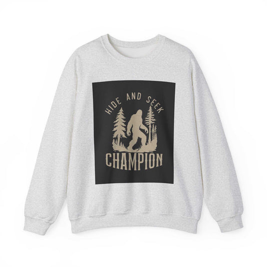 Unisex Heavy Blend™ Crewneck Sweatshirt with "Hide and Seek Champion" graphic, made from a cozy cotton-polyester blend.