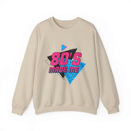 80s made me sweatshirt, beige crewneck with retro design, unisex, cotton-polyester blend.
