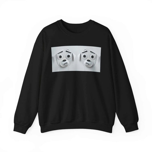 Black crewneck sweatshirt with a 3D sarcastic dog face design.