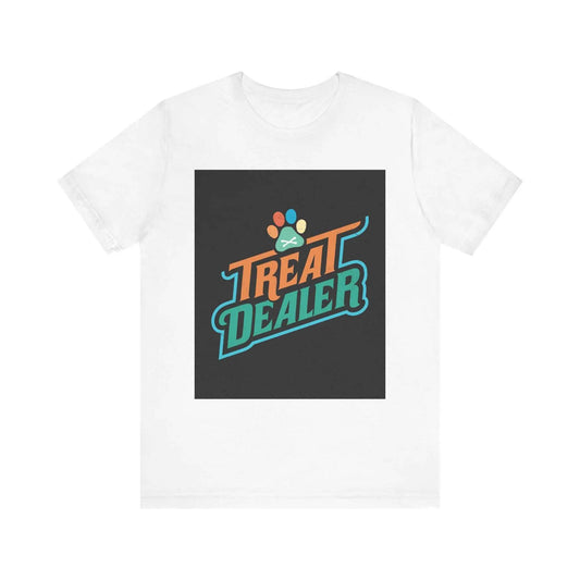 Unisex Jersey Short Sleeve Tee with "Treat Dealer" graphic design, soft cotton, crew neckline, ideal for casual wear.