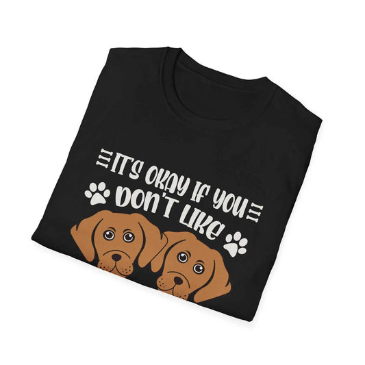 Black unisex cotton t-shirt featuring "Don't Like Dogs" text and dog graphics.