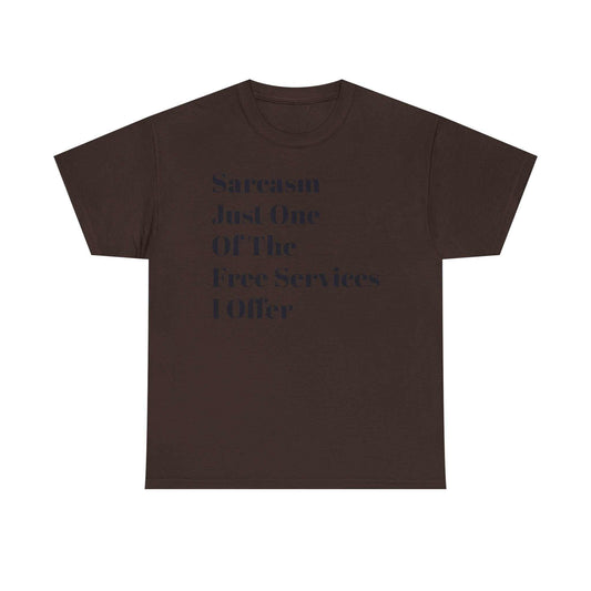 Unisex heavy cotton tee with printed text, dark color, classic fit, crew neckline.
