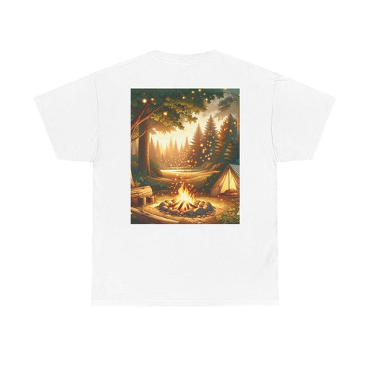 Unisex heavy cotton tee featuring a campfire and forest print, offering sustainable comfort and durability.