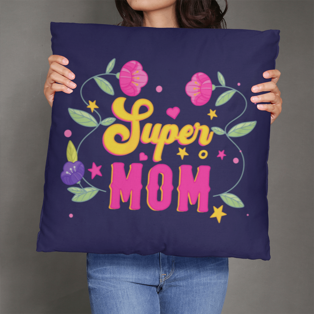 Super Mom Indoor Outdoor Pillow with floral design and vibrant colors.