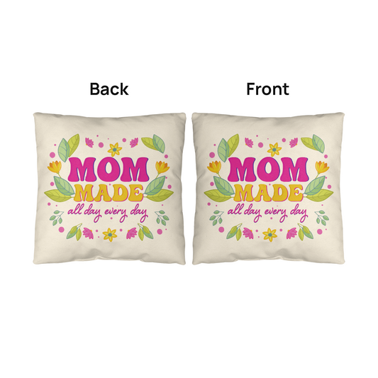Mom made indoor outdoor pillows with floral design, perfect for cozy settings, resistant to water and mildew.