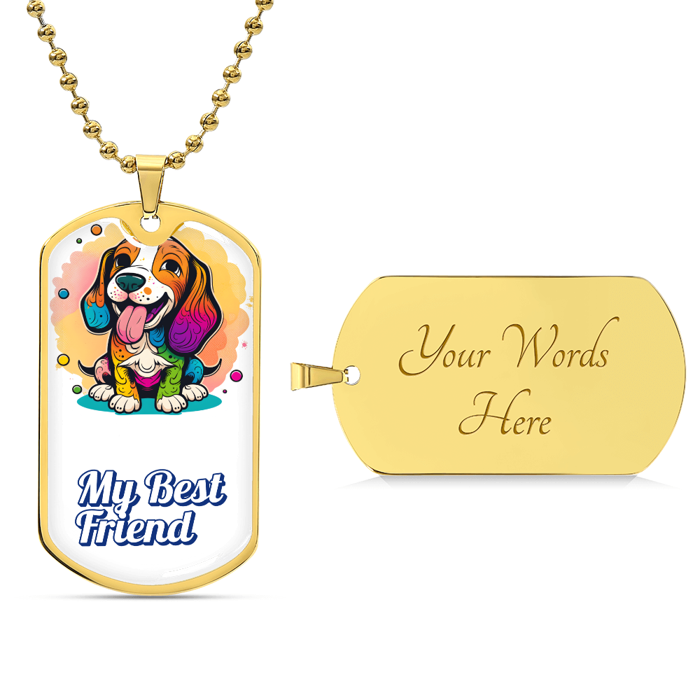 Dog tag with colorful dog illustration and customizable engraving, 18k gold finish.
