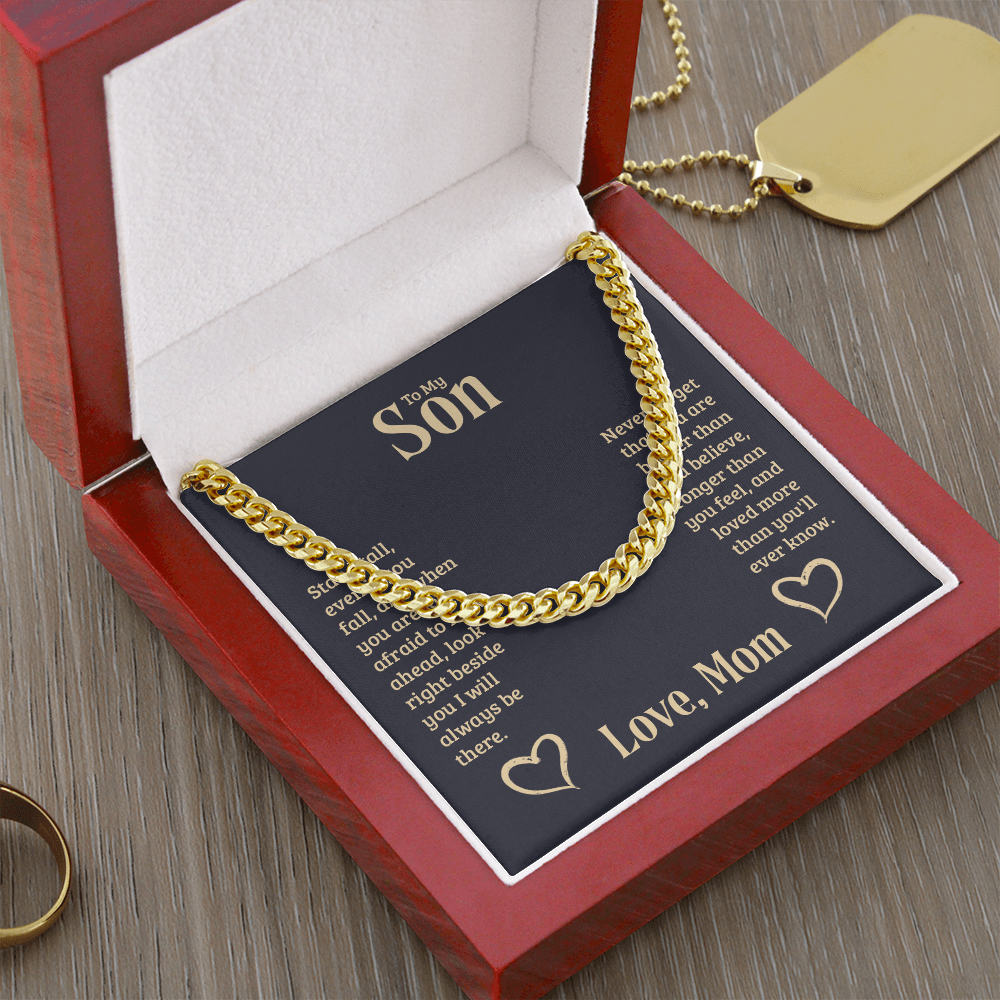 Gift box with gold Cuban Link chain, heartfelt message from mother to son.