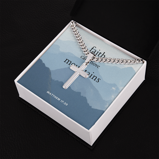Artisan cross necklace with Cuban link chain in gift box.