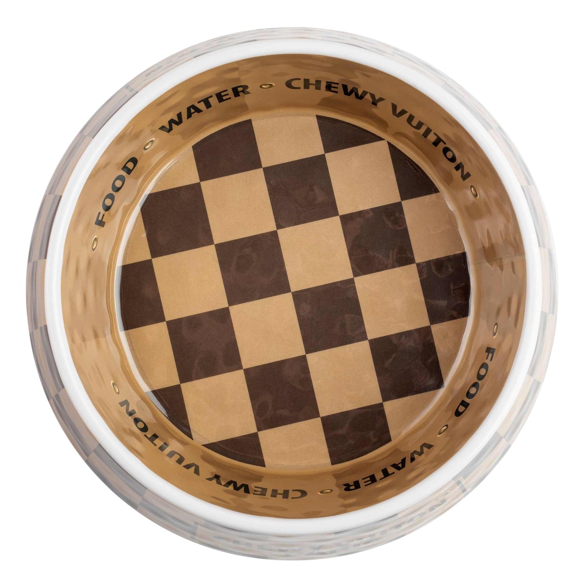 Checker Chewy Vuiton Bowl with stylish pattern and non-skid bottom.