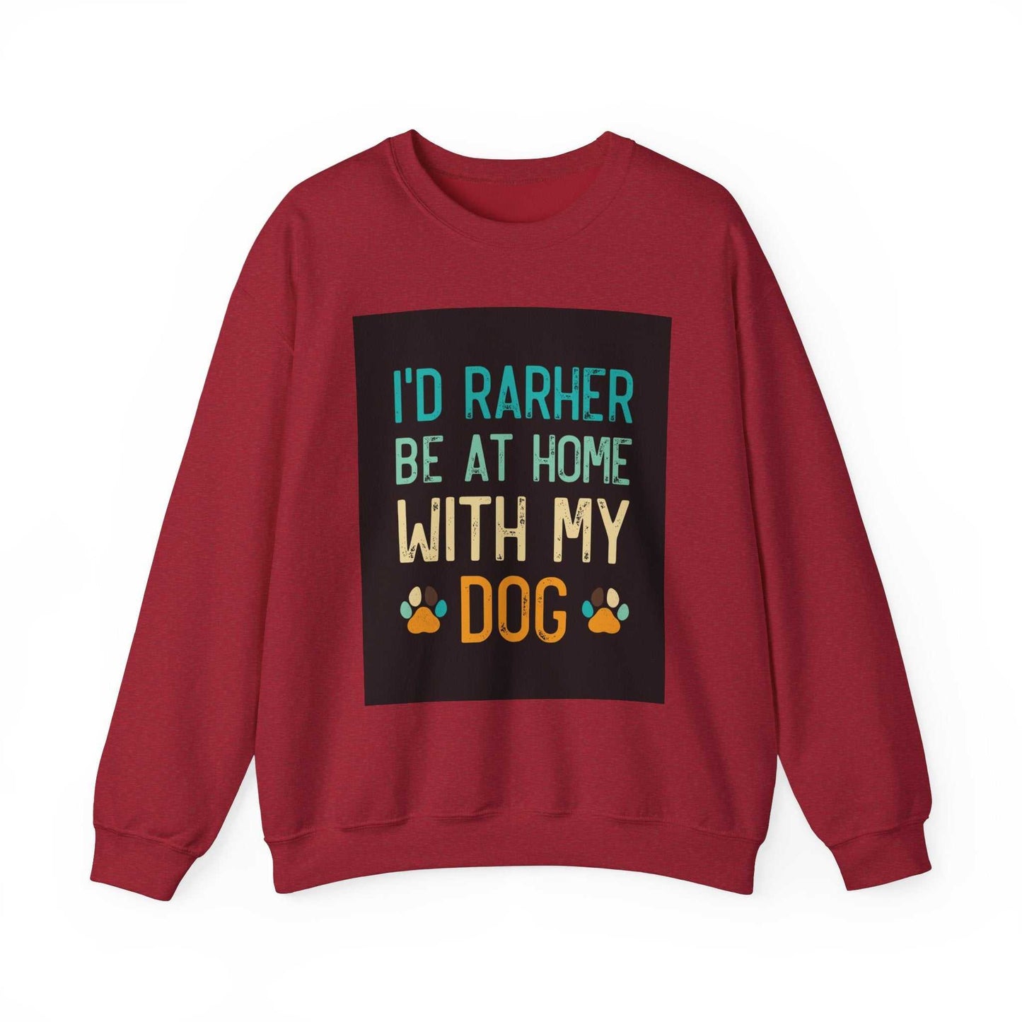 Unisex Heavy Blend™ Crewneck Sweatshirt in red with dog-themed print.