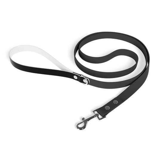 Custom dog leash with ergonomic TPU handle and PVC strap, 78 inches long, featuring a zinc alloy snap hook; water-resistant and anti-microbial.
