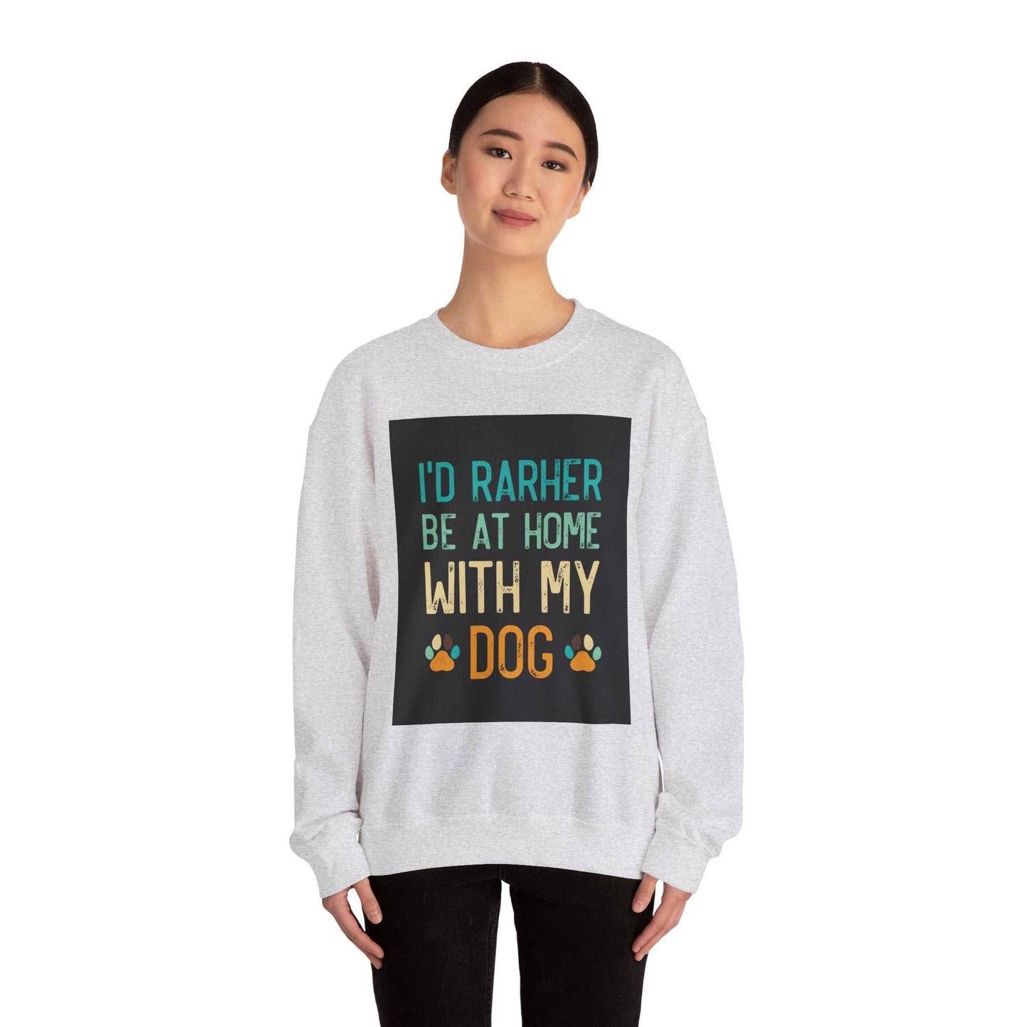 Unisex Heavy Blend™ Crewneck Sweatshirt with "I'd Rather Be At Home With My Dog" print, medium-heavy fabric, ribbed collar.