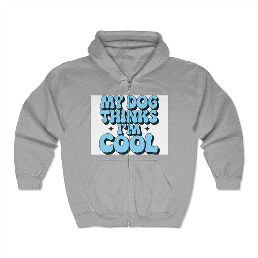 Unisex Heavy Blend™ Full Zip Hooded Sweatshirt with "My Dog Thinks I'm Cool" graphic, gray color.