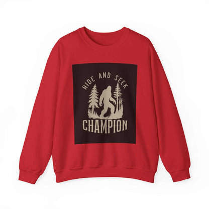 Unisex Heavy Blend™ Crewneck Sweatshirt in red with "Hide and Seek Champion" print, made from durable polyester and cotton blend.