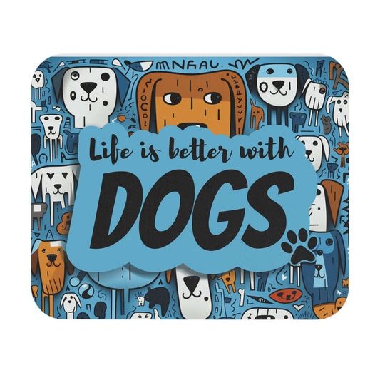 Rectangle mouse pad with dog design, rubber base, stain-resistant cloth top, 1/16" thick, ideal for gaming and office use.