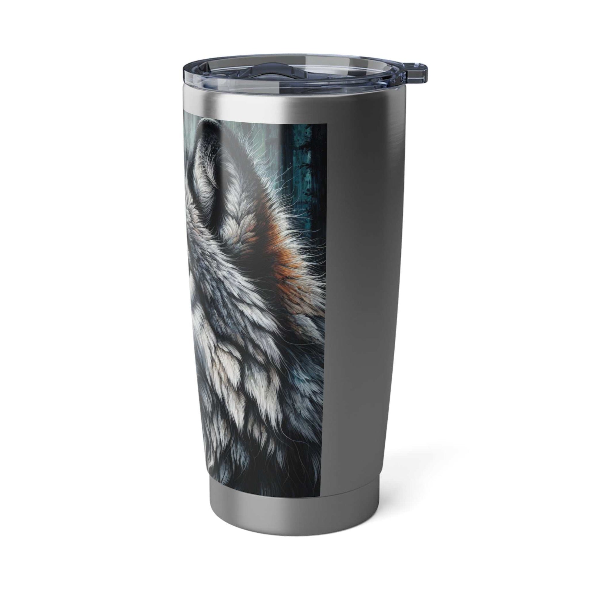 Vagabond Wolf 20oz Tumbler with vibrant wolf design, insulated travel mug for adventurers.