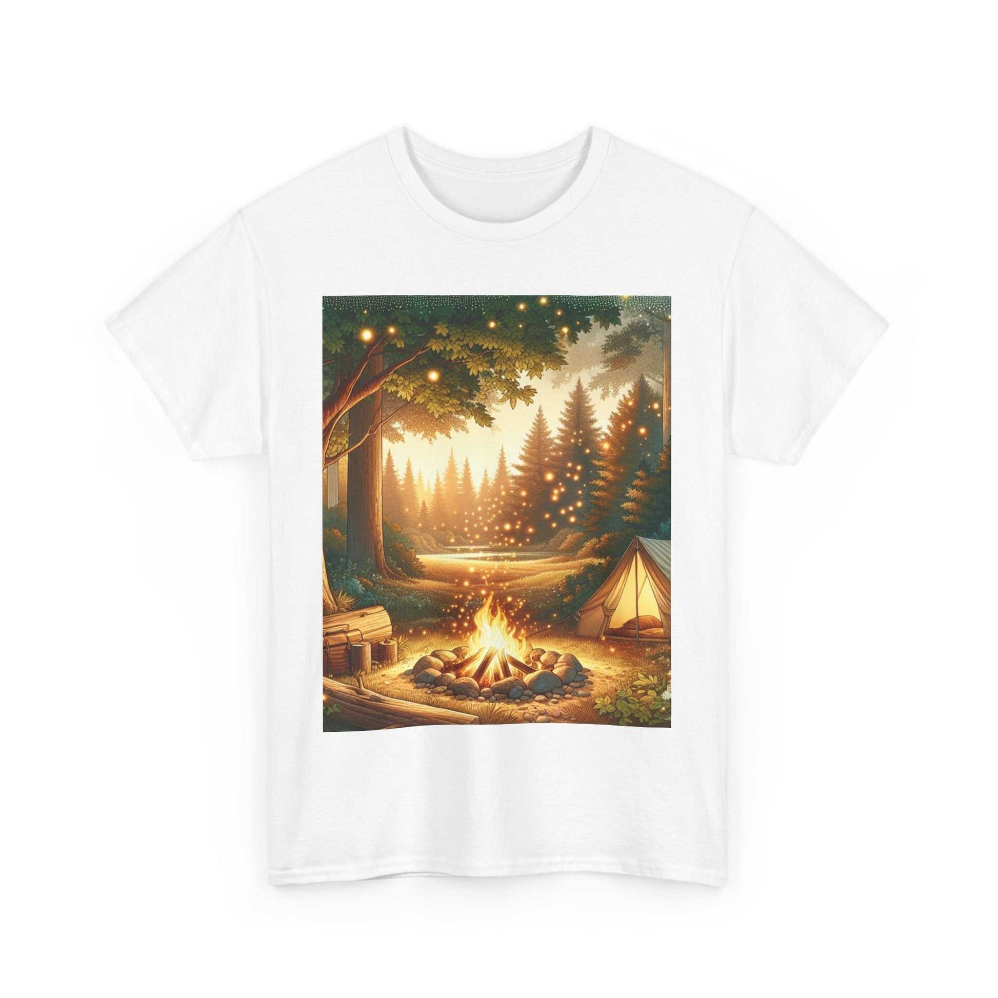 Unisex heavy cotton tee with a forest campfire design, featuring durable cotton fabric, crew neckline, and classic fit.