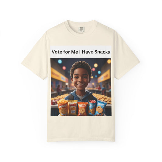 Vote for Me I Have Snacks T-Shirt | Fun Casual Wear, Gift for Snack Lovers, Election Humor Tee, Unisex Graphic Shirt