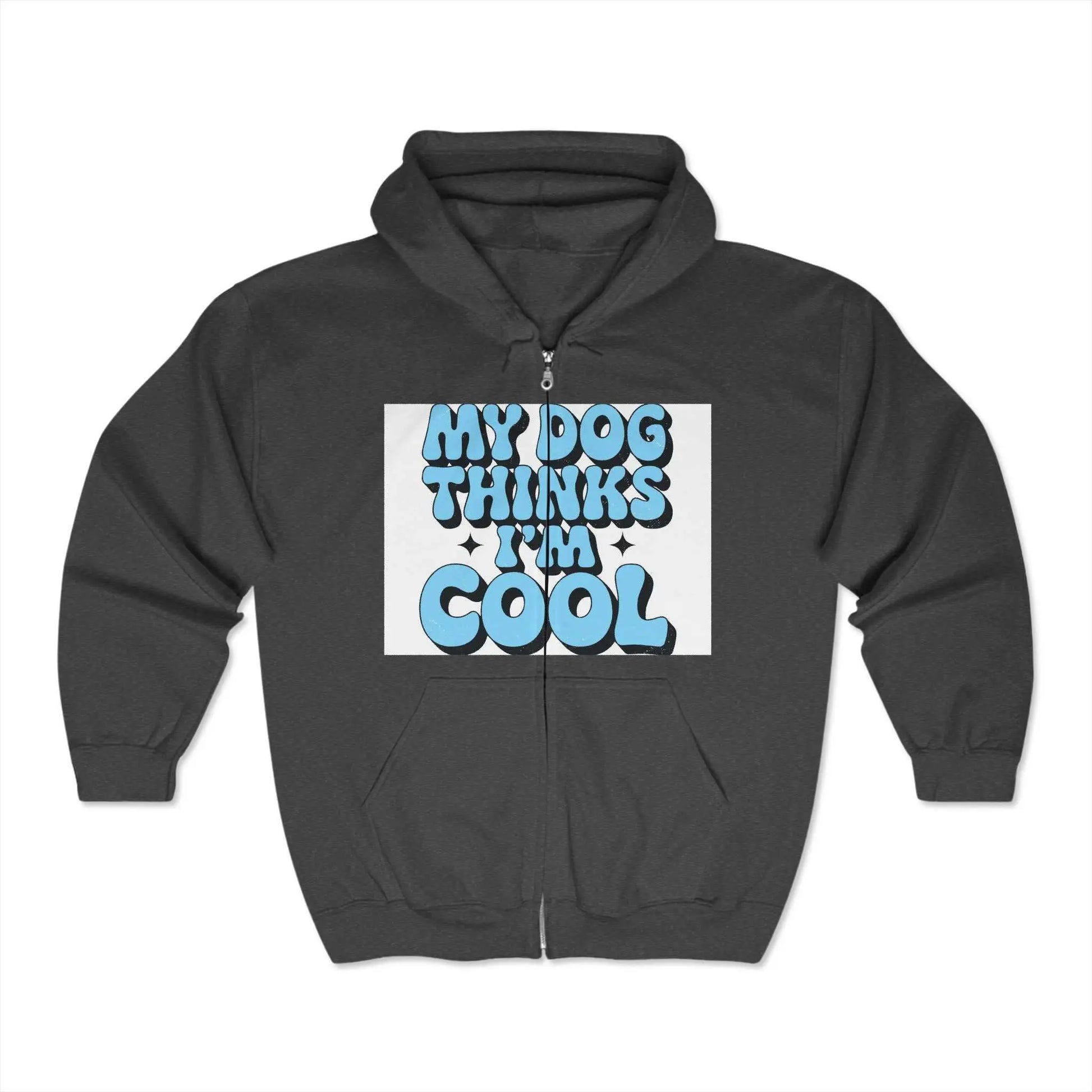 Unisex Heavy Blend™ Full Zip Hooded Sweatshirt with "My Dog Thinks I'm Cool" design, featuring soft fleece and a classic fit.