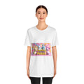 Unisex jersey short sleeve tee in soft cotton with colorful graphic print, featuring a comfortable crew neckline and retail fit.