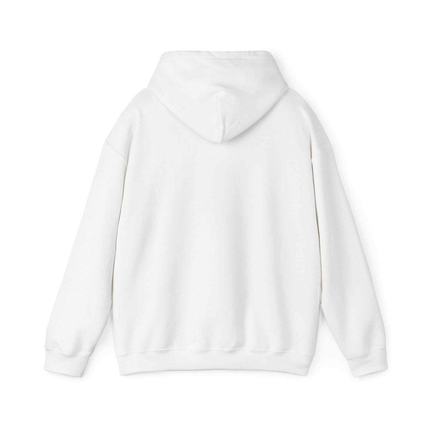 Unisex heavy blend hooded sweatshirt in white, back view, highlighting soft and cozy cotton-polyester fabric.