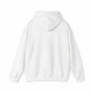 Unisex heavy blend hooded sweatshirt in white, back view, highlighting soft and cozy cotton-polyester fabric.