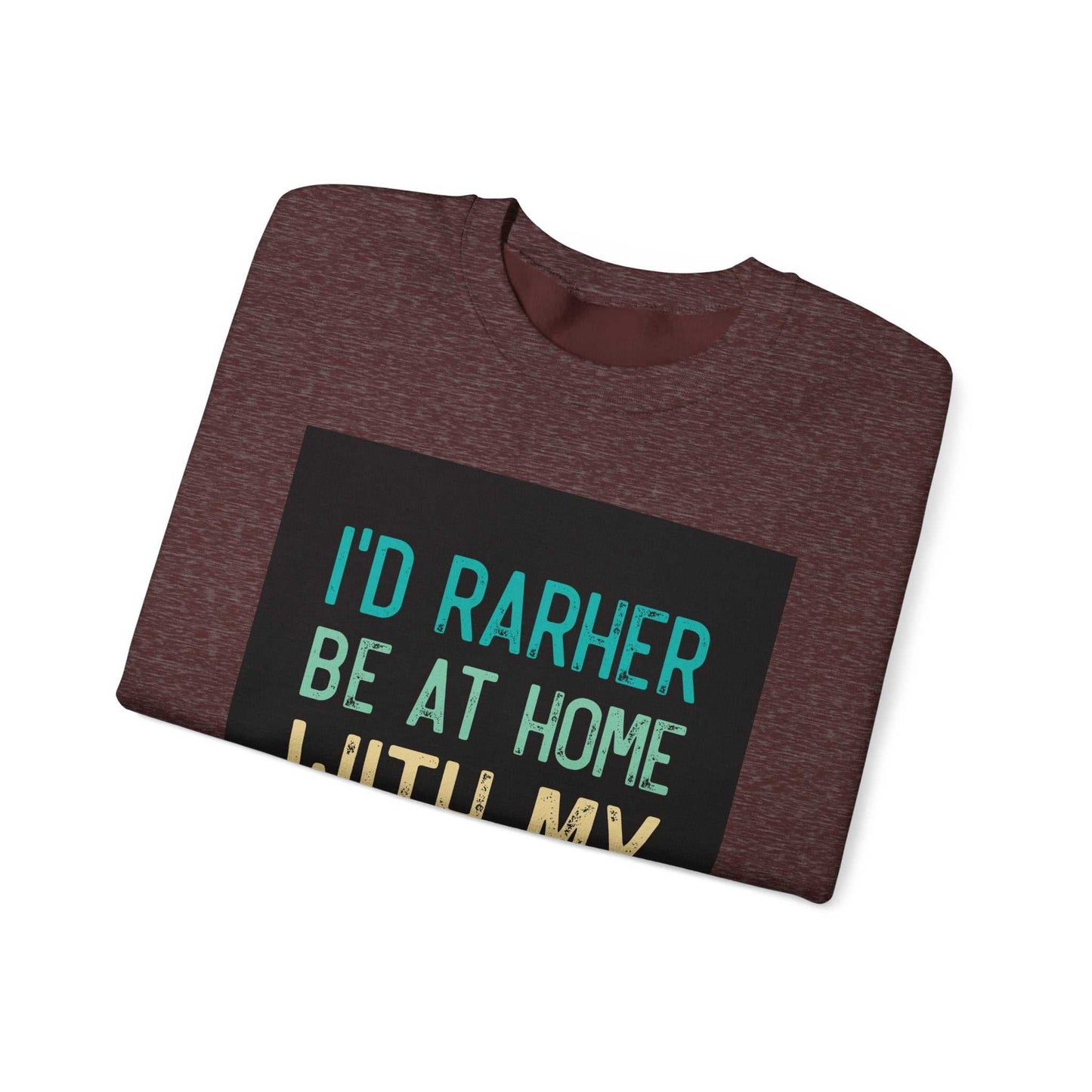 Unisex Heavy Blend™ Crewneck Sweatshirt folded with text design on chest.