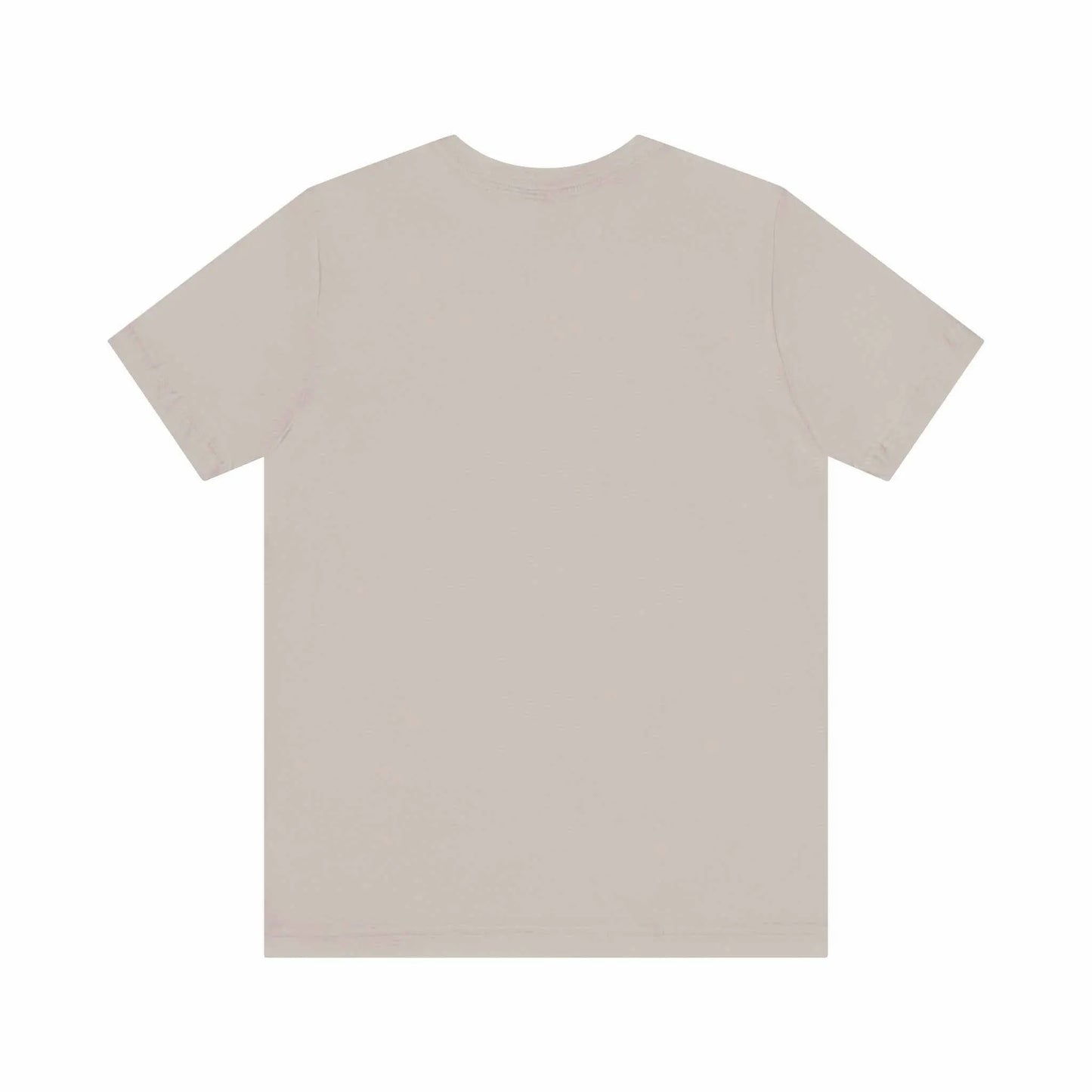 Unisex jersey short sleeve tee in beige color, showcasing the back view with a seamless design and ribbed knit collar.