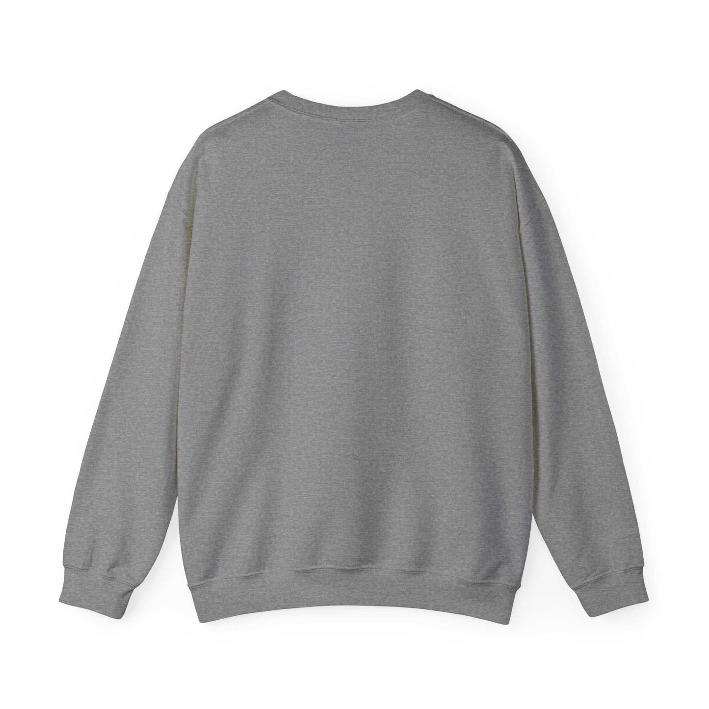 Unisex Heavy Blend Crewneck Sweatshirt in gray, showcasing back view with ribbed cuffs and waistband. Made from 50% cotton and 50% polyester.