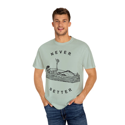 Halloween t-shirts never better skeleton giving a thumbs up in a casket