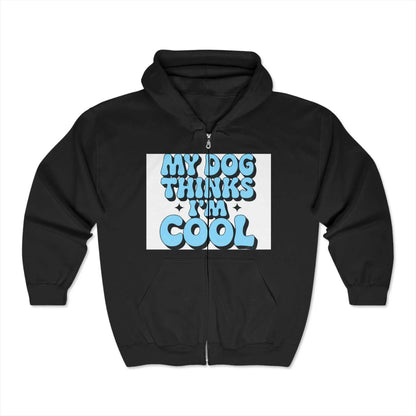 Unisex Heavy Blend™ Full Zip Hooded Sweatshirt with "My Dog Thinks I'm Cool" design on front.