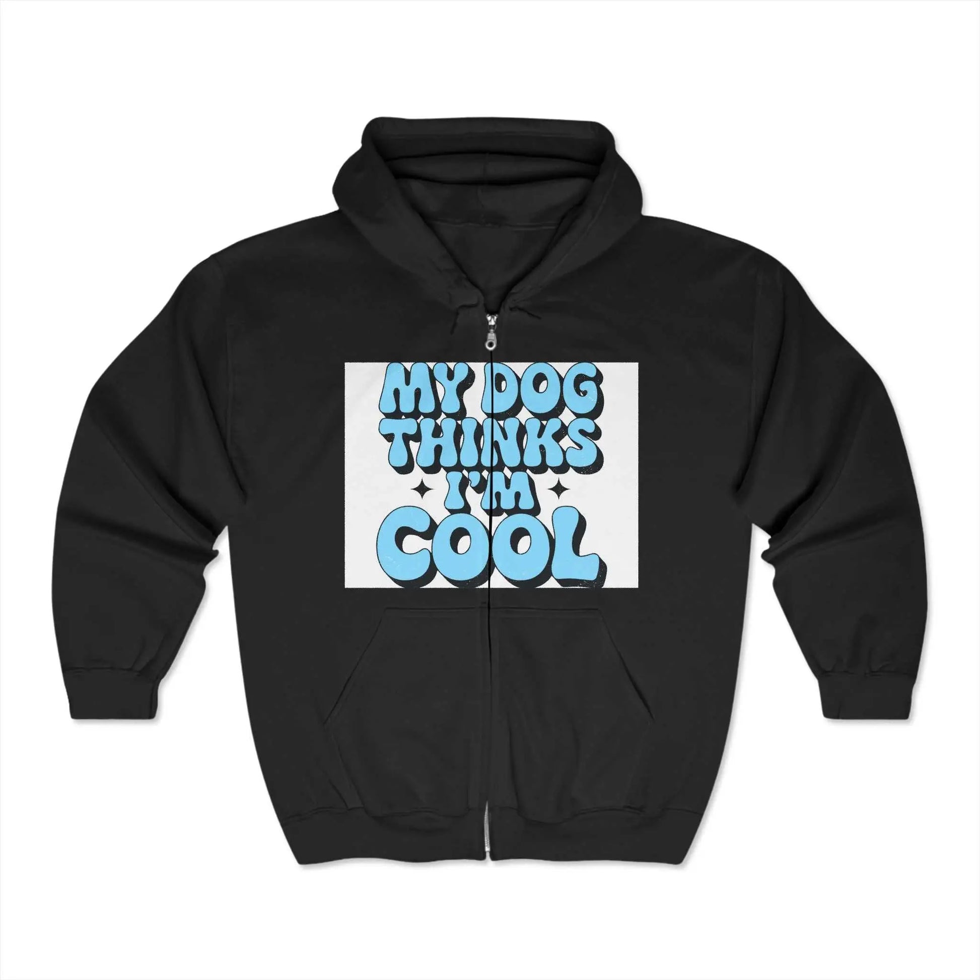 Unisex Heavy Blend™ Full Zip Hooded Sweatshirt with "My Dog Thinks I'm Cool" design on front.