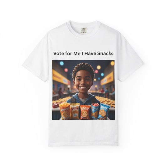 Vote for Me I Have Snacks T-Shirt | Fun Casual Wear, Gift for Snack Lovers, Election Humor Tee, Unisex Graphic Shirt
