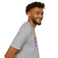 Unisex softstyle t-shirt, heather grey, side view, featuring graphic design.