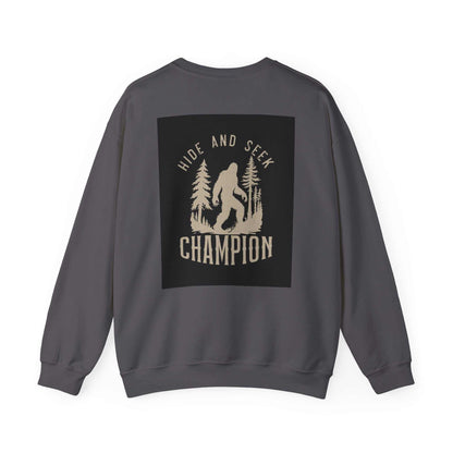 Unisex Heavy Blend™ Crewneck Sweatshirt with "Hide and Seek Champion" design on back, medium-heavy fabric, ribbed collar.