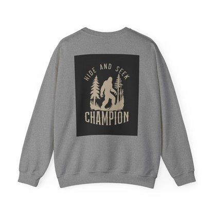 Unisex Heavy Blend™ Crewneck Sweatshirt with Bigfoot design and "Hide and Seek Champion" text on the back, made of a cotton-polyester blend for comfort and durability.
