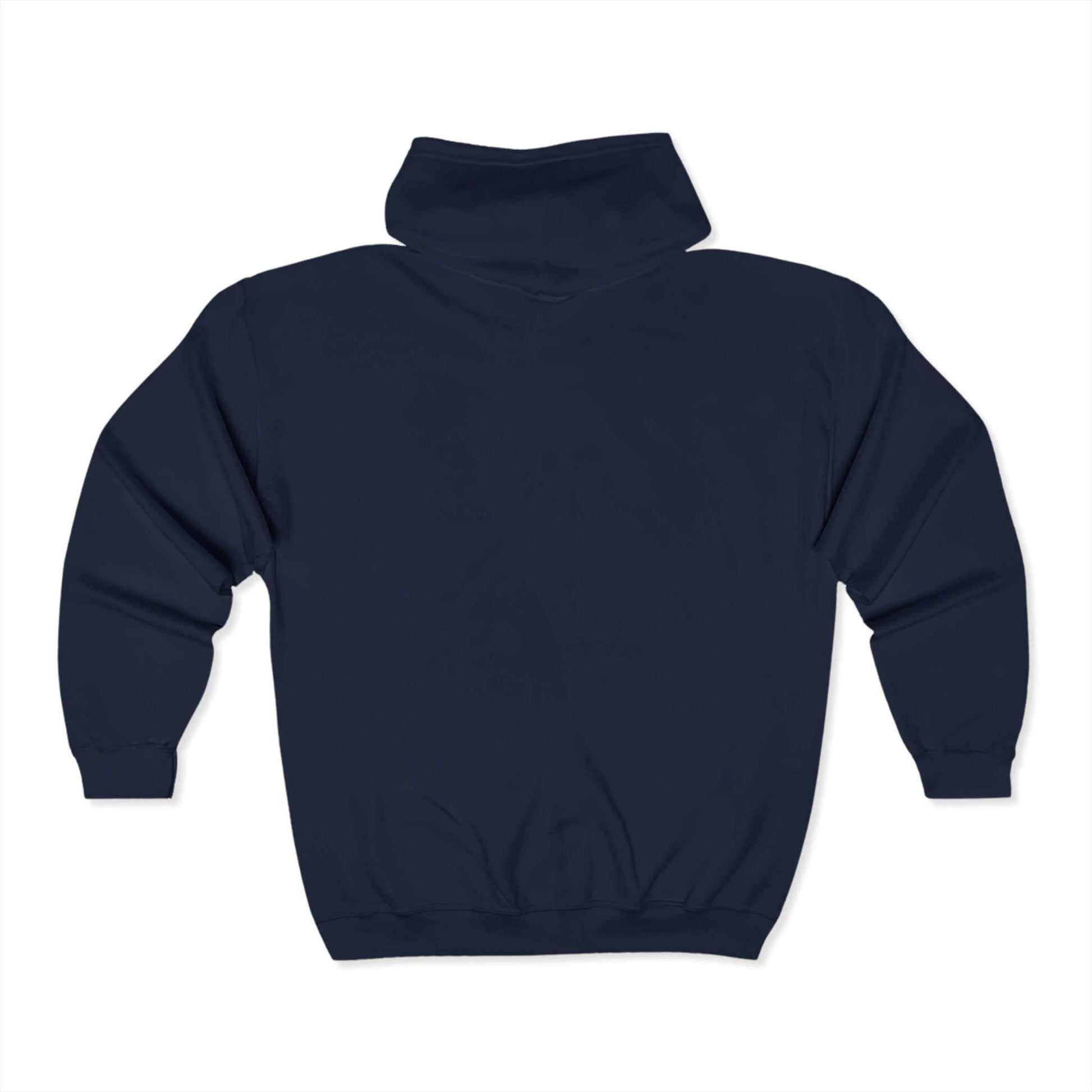 Unisex Heavy Blend™ Full Zip Hooded Sweatshirt in navy blue, back view showing classic fit and medium-heavy fabric.