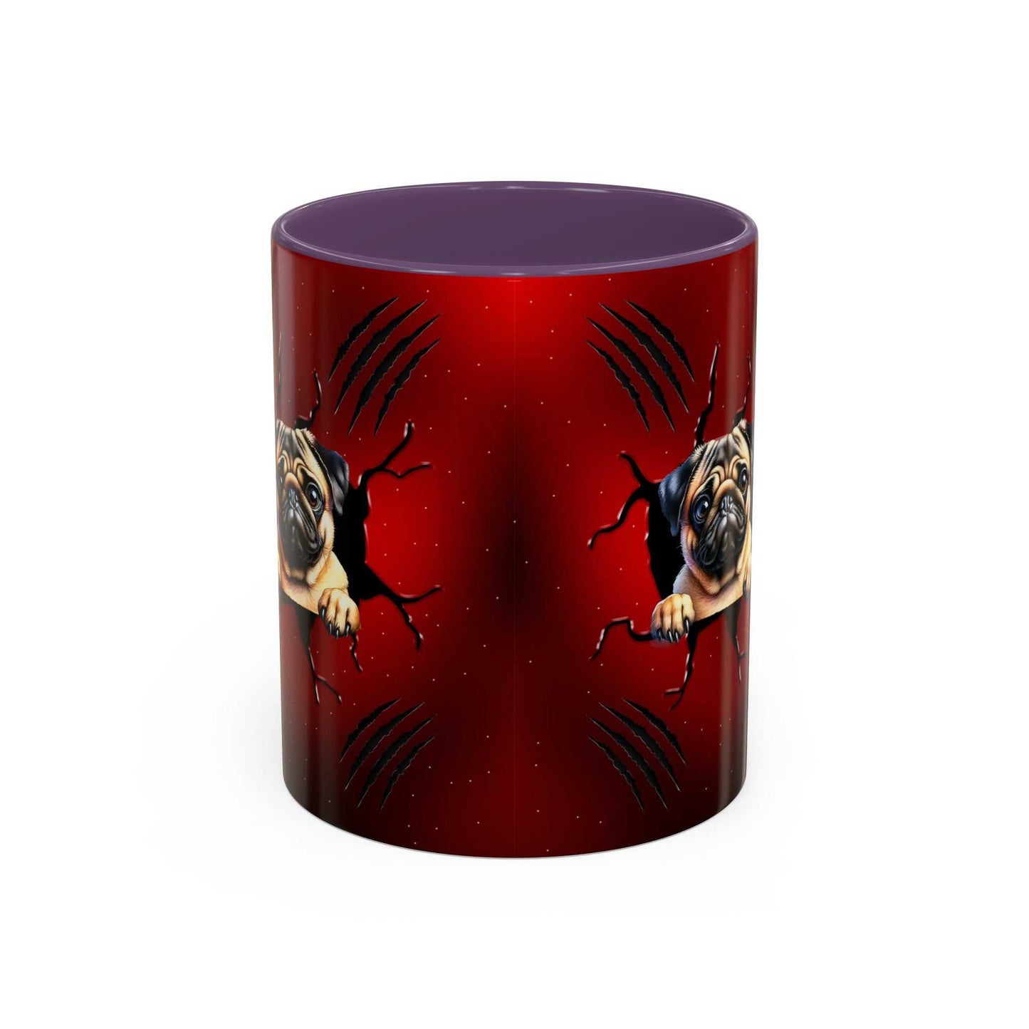 Accent coffee mug 11-15 oz with pug design and red exterior.
