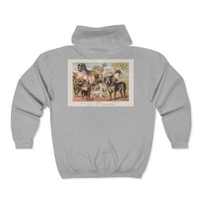 Artistic animal print hoodie, cozy unisex zip sweatshirt, unique fashion statement.