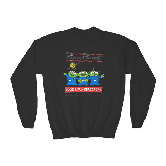 Pizza Planet Youth Crewneck Sweatshirt | Fun & Playful Gift for Kids, Space Theme Apparel, Ideal for Birthdays, Halloween, Everyday Wear