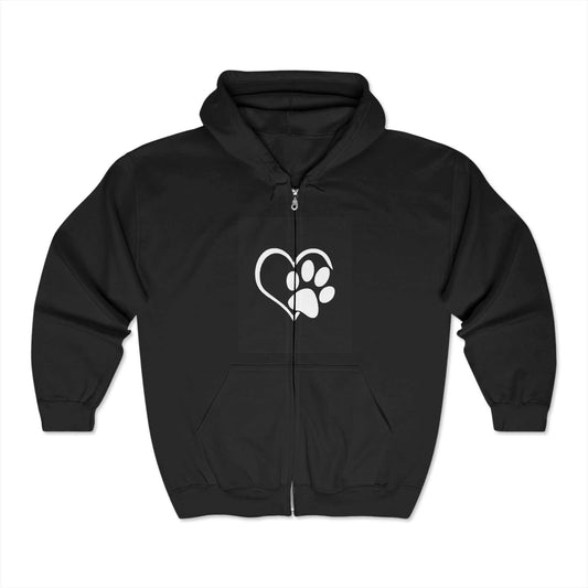 Unisex Heavy Blend™ Full Zip Hooded Sweatshirt with heart and paw design, black color.