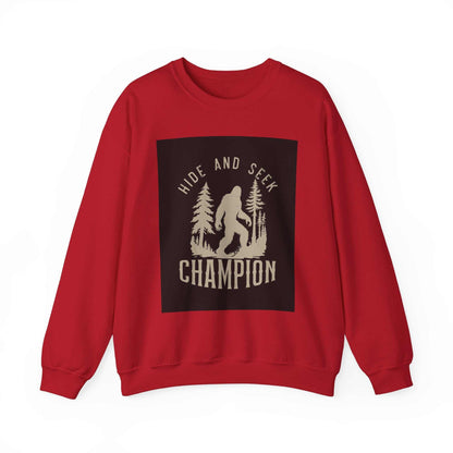 Unisex Heavy Blend™ Crewneck Sweatshirt in red with "Hide and Seek Champion" graphic design for warmth and comfort.