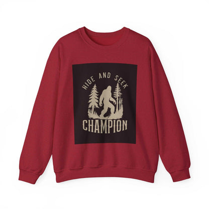 Unisex Heavy Blend™ Crewneck Sweatshirt with 'Hide and Seek Champion' design in red, cozy and sustainable fabric blend.