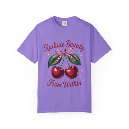 Radiate Beauty Cherry T-Shirt | Unisex Tee, Gift for Her, Positive Affirmation, Summer Fashion, Cute Graphic Tee