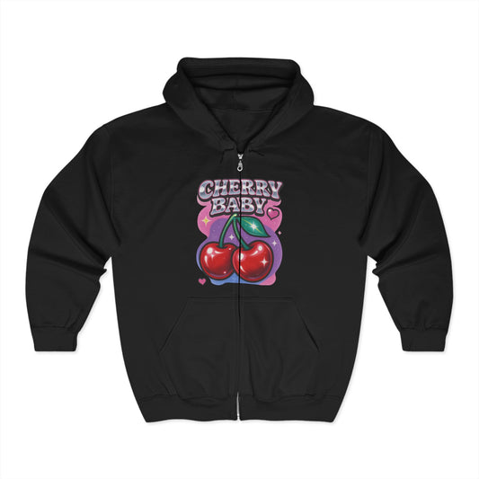 Cherry Baby Zip Hoodie, Cute Hooded Sweatshirt, Trendy Pullover, Pastel Cherry Design, Gift for Fruit Lovers, Sweet Fashion Layer