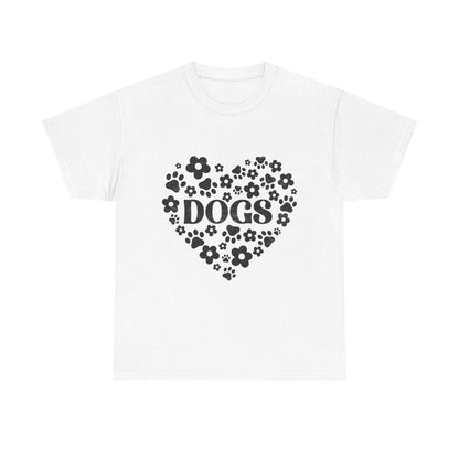 Unisex heavy cotton tee with heart-shaped floral "DOGS" design, classic fit, medium fabric, 100% ethically grown US cotton.